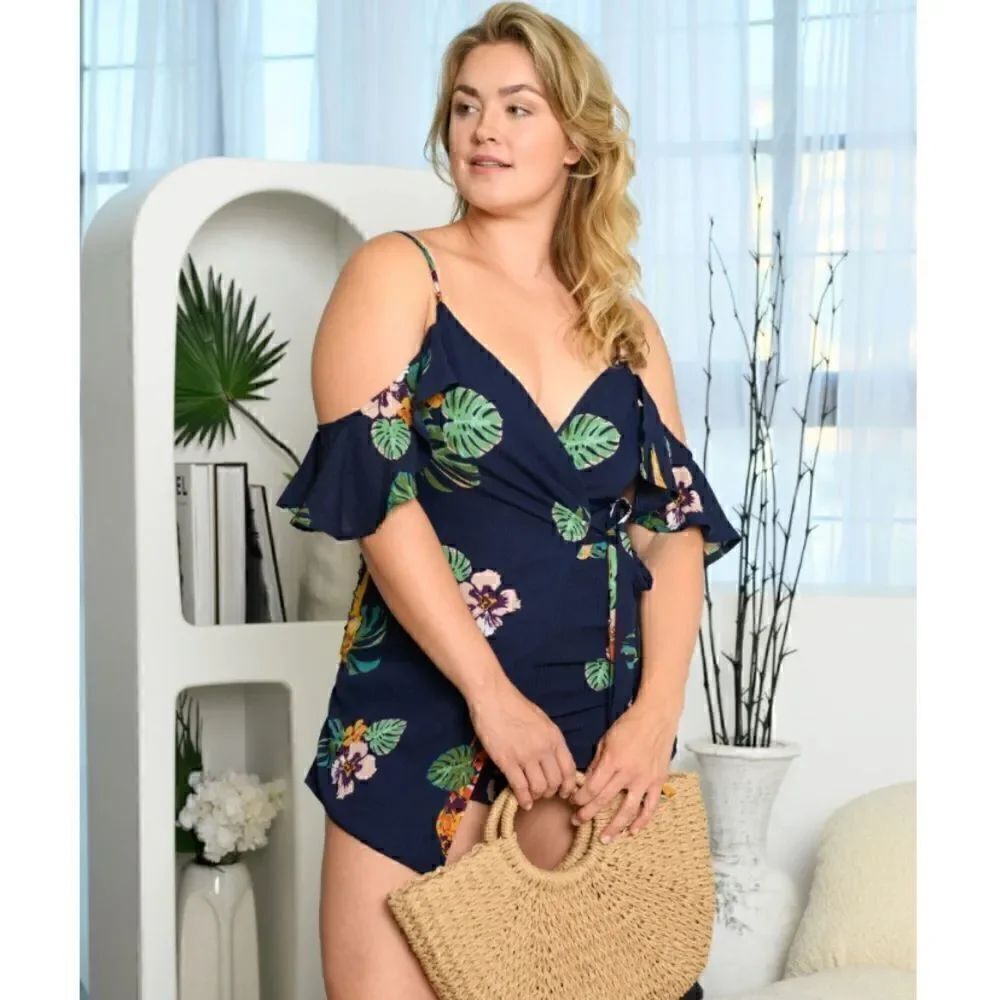 49. Navy Blue PLUS SIZE RUFFLE COLD SHOULDER FLORAL V-NECK ROMPER - Picture 2 of 3